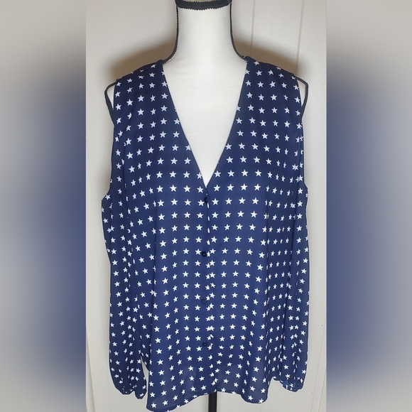 Lumiere Blue/White Patriotic Stars Cold Shoulder‎ Long Sleeve Blouse Size Large - Picture 12 of 12